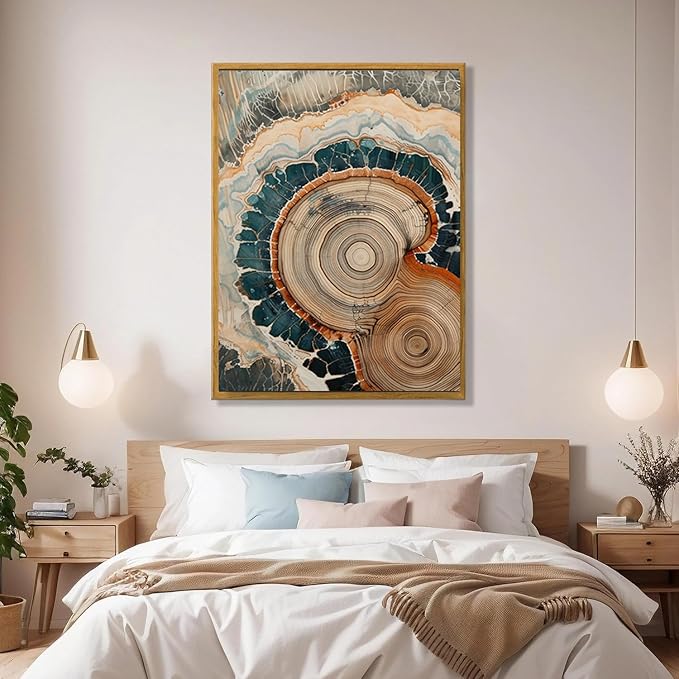 IBHJSART Framed Tree Ring Canvas Wall Art Vintage Colorful Wood Stump Painting Prints Modern Minimalist Pictures Neutral Nature Rustic Farmhouse Decor Living Room Bedroom Bathroom Office