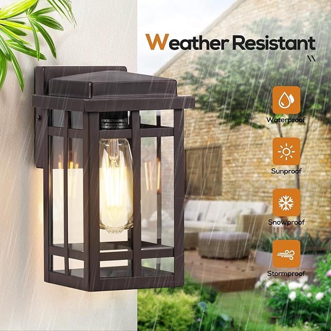 9.76'' Outdoor Wall Light Fixtures 2 Packs, Waterproof Porch Lights Lanterns, Exterior Modern Brown Wall Mount Lighting, Anti-Rust E26 Outside Scones for House Front Door Garage Patio, 2 Pack