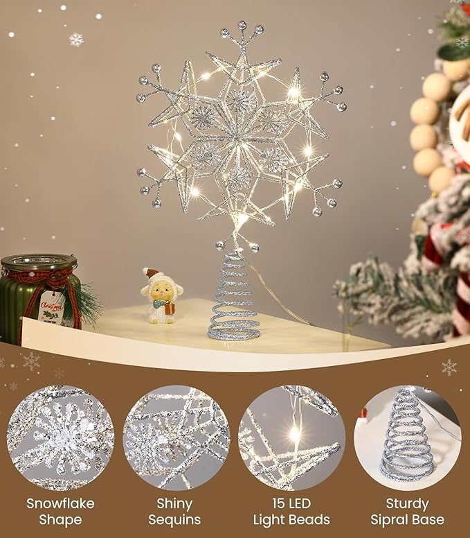 Luxspire Christmas Tree Topper, 9.5" Snowflake Metal Christmas Decorations Lights, Lighted Tree Topper with USB Plug in & Remote Control, Light Up Xmas Trees Vintage Modern Ornaments for Home Party