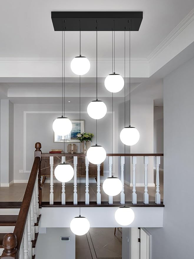 Modern Rectangular Chandelier,10 Lights White Globe Chandelier Lighting,Industrial Linear Pendant Light Fixture for Dining Living Room Kitchen Island