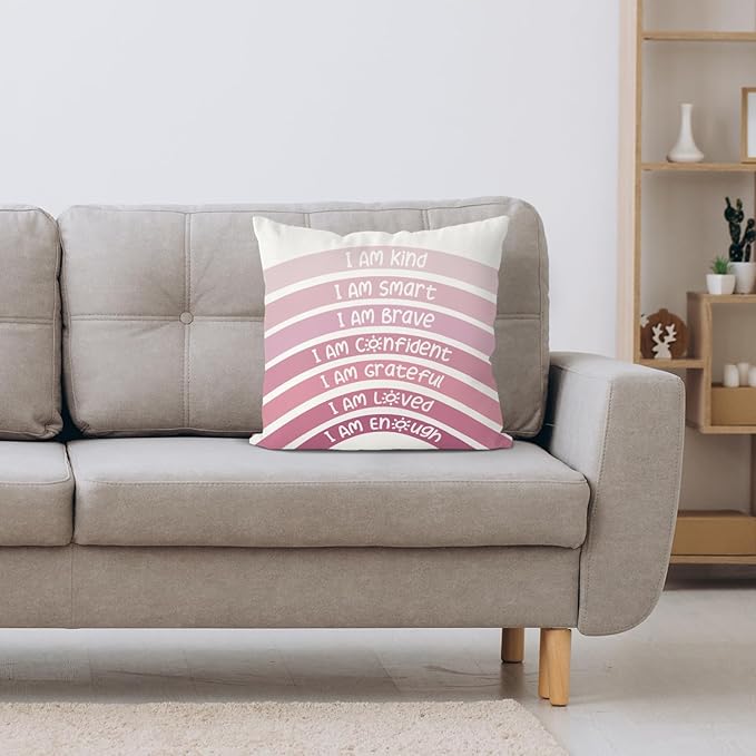 QIYUHOY Boho Rainbow Classroom Throw Pillow Covers, Book Center Calming Corner Playroom Decor Pillow Case, Pink Pillow Cover, I Am Kind Smart Brave Confidence 22x22 Inch Pillowcase(Pink)