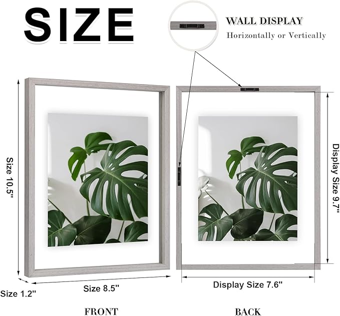 Egofine 8x10 Floating Frames Set of 2, Double Plexiglass Picture Frame, Made of Solid Wood Display Any Size Photo up to 8x10, Wall Mount or Tabletop Standing, Light Grey