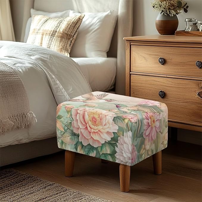 Floral Hummingbird Ottoman Cover Rectangular Stretch Ottoman Slipcover Rectangle Waterproof Storage Footstool Covers Furniture Protector with Elastic Bottom for Living Room
