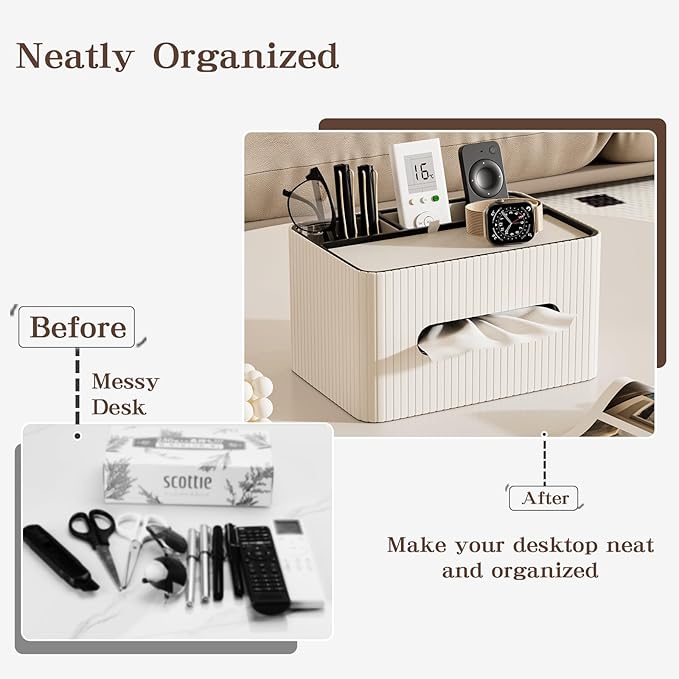 KINGFOM Leather Tissue Box Cover with Storage Tray, Decorative Tissue Box Holder Organizer for Office Desk, Bedroom & Nightstand, Remote Control Holder for Perfume, Watch, Glasses, Pens (Ivory White)