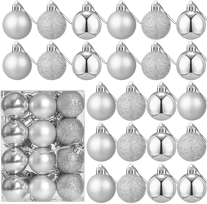 24 Count Small Silver Ornaments for Mini Christmas Tree, Small Shatterproof Christmas Tree Ornaments Balls Party Decorations, 1.2 Inch