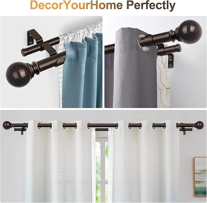 KAMANINA Bronze Extra Long Curtain Rods for Windows 120 to 170 Inches, 1 Inch Double Decorative Curtain Rod 140 to 195 Inches (11.6-16.3 Feet), drapery Rods with Round Finials