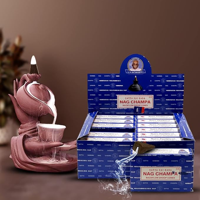 Nag Champa Backflow Incense Cones for Waterfall Aromatic Smoke Fountain Haze Falls and Mat Bundle - Pack of 12