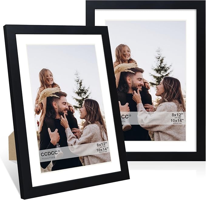 10x14 Picture Frame Set of 2, 10 x 14 Wood Photo Frames with Mat for 8x12 or 30x40cm Diamond Painting Art, Wooden Frame with Real Glass Cover for Wall and Tabletop Display,Black