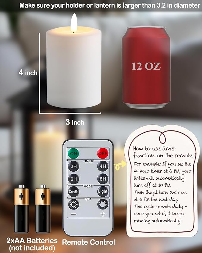 3"x4" Flickering Flameless Candles with Remote Timer, Real Wax, White Pillar Candles, Set of 3 Large LED Battery Operated Candles for Home, Fireplace, Centerpiece, Rustic and Farmhouse Decor