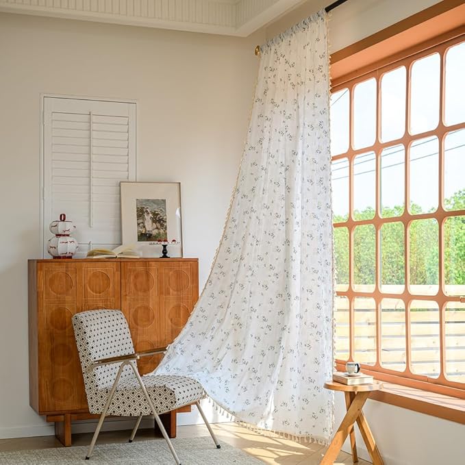 OYX Boho Curtains 96 Inch Length 2 Panels for Living Room, Bedroom Light Filtering Drapes, Farmhouse Vintage Country French Rustic Tassels Pattern Rod Pocket Aesthetic Decor Window Treatments