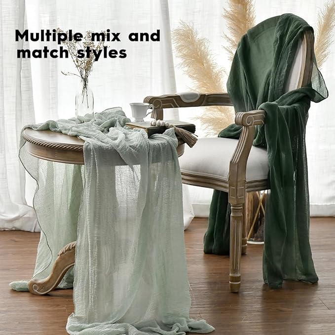 Artoid Mode Boho Forest Green Gauze 6 Pieces Wedding Table Runner, 120 Inch Birthday Fabric Kitchen Dining Holiday Table Decor for Home Party Indoor