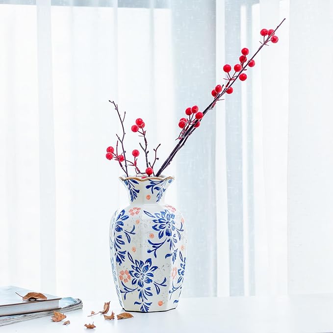 Gold Rim Ceramic Vase, Chinoiserie Red Florals on Light Blue Background, Large Console Table Decor for Entryway, Luxury Wedding Gift (Large, Qinghongmei)