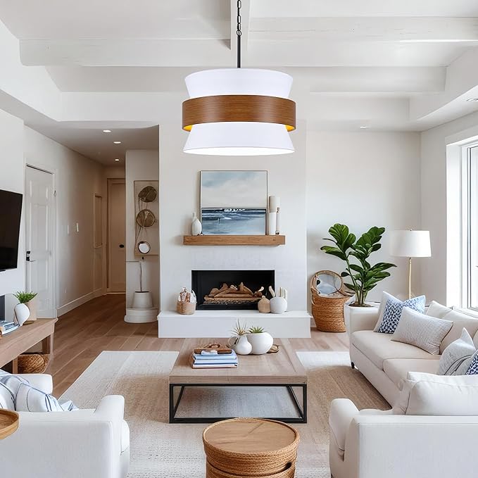 5 Lights White Drum Farmhouse Chandelier for Dining Room,19.68" Modern Large Drum Fabric Light fixture,Adjustable Rustic Metal Imitation Wood Round Pendant Light for Living Room Kitchen Island Bedroom