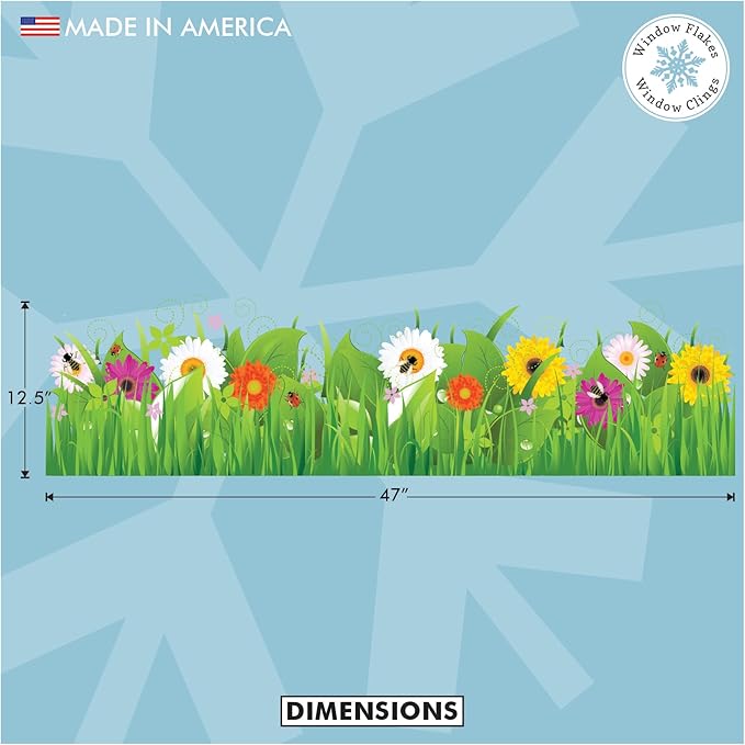 Springtime Flower Window Cling Decal for Glass - Wild Grass, Flowers, Bugs and Insects Design - Large Double Sided Vibrant Color Spring Decoration Window Sticker. Reusable Vinyl. Made in America.