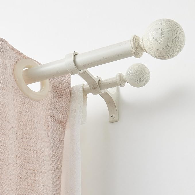 White Wood Grain Window Rods, Double Curtain Rod 72-144” Telescoping Length 1Inch Diameter Front Poles and 5/8Inch Diameter Back Poles