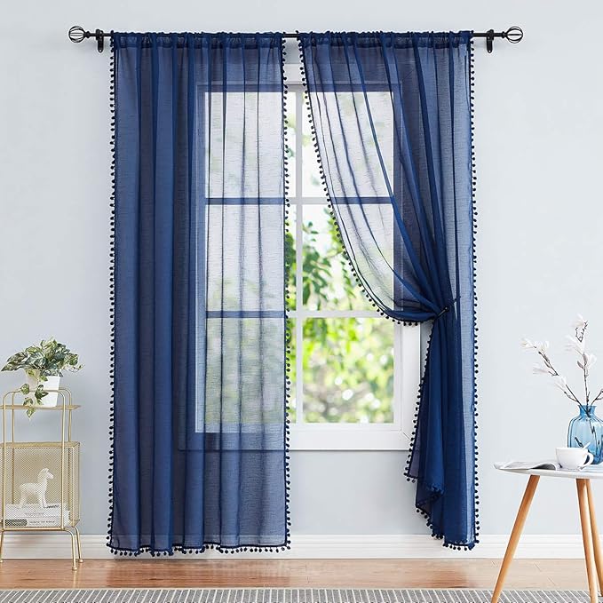 Treatmentex Pompom Sheer Window Curtains for Boy's Bedroom Guest Room Navy Blue Slub Textured Sheer Drapes for Window Office 108" Length, 52" w x 2 Pack Rod Pocket