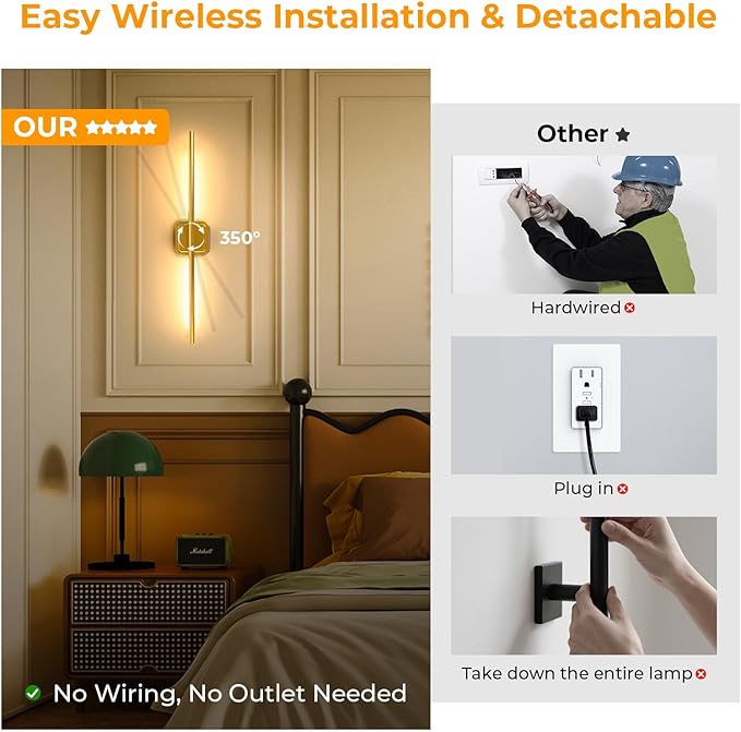 1 Pack Battery Operated Wall Sconce Detachable 360°Rotate, Wireless Wall Lamp 3000-6500K Dimmable, 10000mAh Rechargeable Wall Light for Bedroom, Living Room，28" Gold