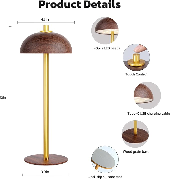 Rechargeable Cordless Table Lamp 2 Pack - 5000mAh Battery Powered Lamp, 3 Color Stepless Dimming LED Table Light with Memory Function for Indoor, Outdoor, Dinner, Patio, Cafe.(Wood Grain B)