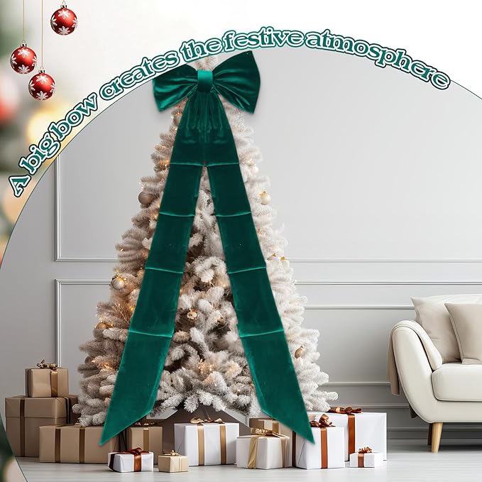 Christmas Tree Topper Bow 90x18 Inch Giant Large Velvet Bow with Long Streamers Huge Decorative Wrapping Gift Decor for Xmas Tree Front Door Patio Outdoor Wedding Arch(Green)