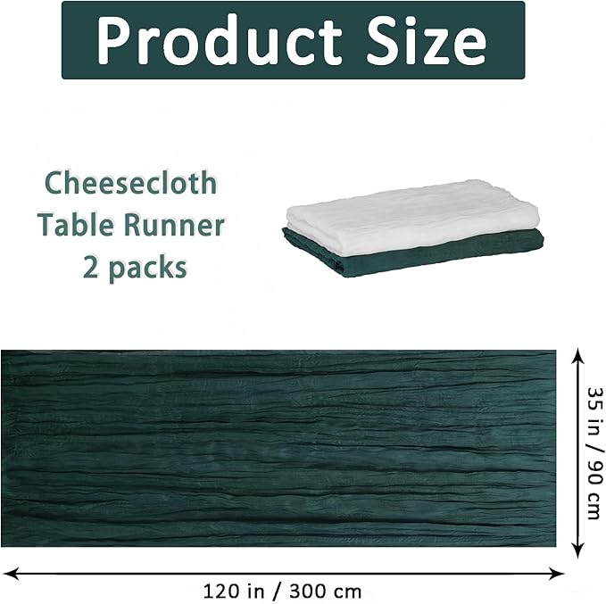 Cheesecloth Table Runner 2 Pack White and Dark Green, Boho Gauze Table Runner 10Ft 120 Inches Long for Wedding Decor, Party & Home Table Decoration