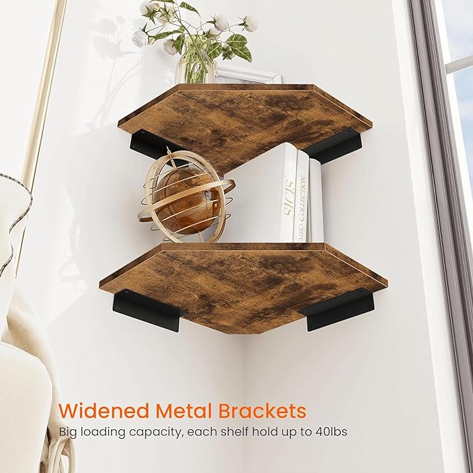 Homode Corner Shelf Wall Mount, Set of 2 Floating Corner Shelf Organizer for TV Accessories, Speaker, Cable Box, Game Console, Storage for Bathroom Kitchen Living Room Bedroom, Rustic Brown