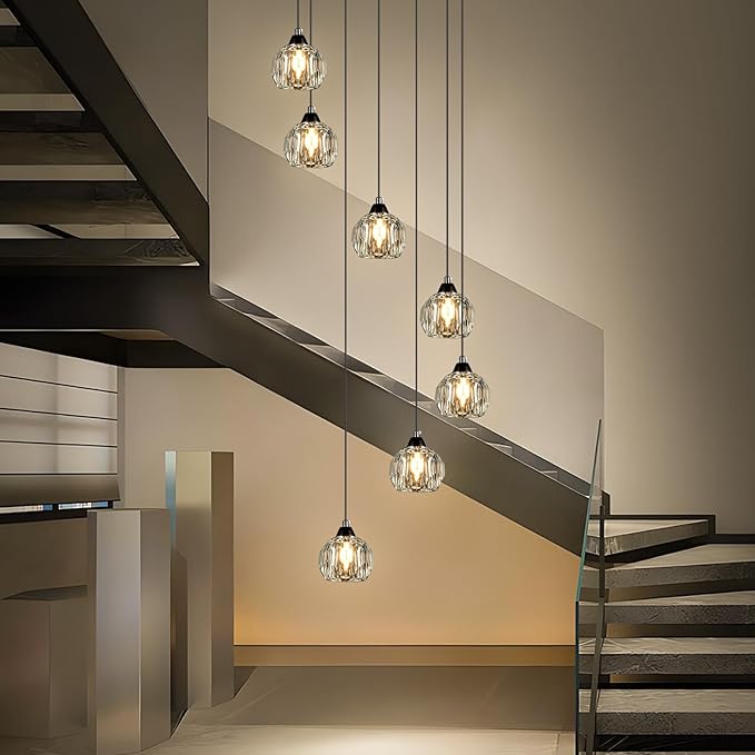 Crystal Chandeliers for Staircases, 7-Light Black Modern Chandeliers for High Ceilings，Crystal Pendant Light Fixture for Living Room Kitchen Island Foyer Hallway Bar
