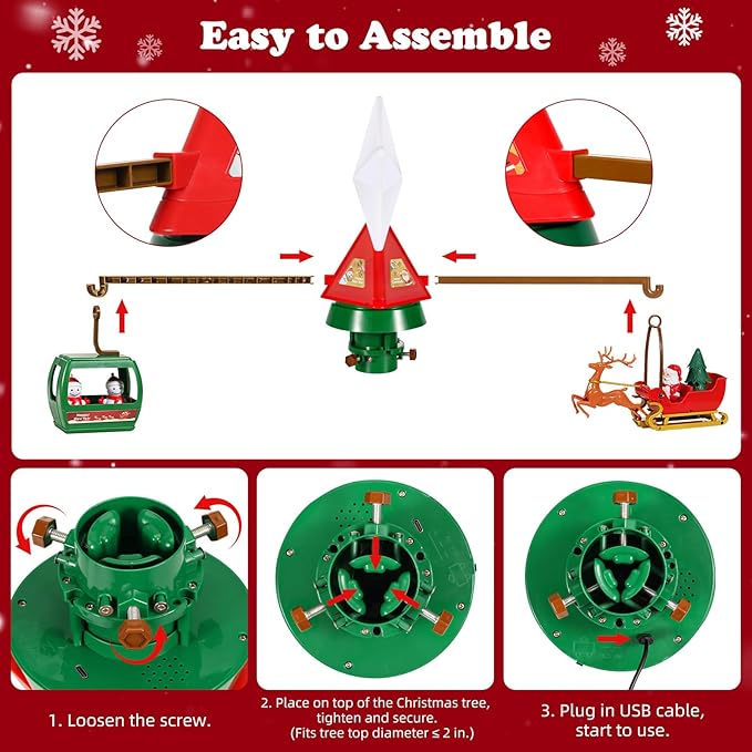 Luxspire Christmas Tree Topper with Rotating Animated Santa Deer Sled and Snowman Cable Car, Multicolor Lighted Christmas Star with Music, Tree Topper Decoration for Holiday Home
