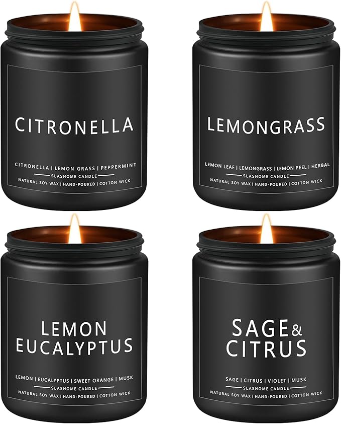 Citronella Candles Outdoor, Scented Candles Soy Jar Candle for Outdoor Patio Indoor Home Scented - Citronella/Lemon Eucalyptus/Lemongrass/Sage & Citrus, Gifts for Father Dad & Men (7oz - 4 Pack)