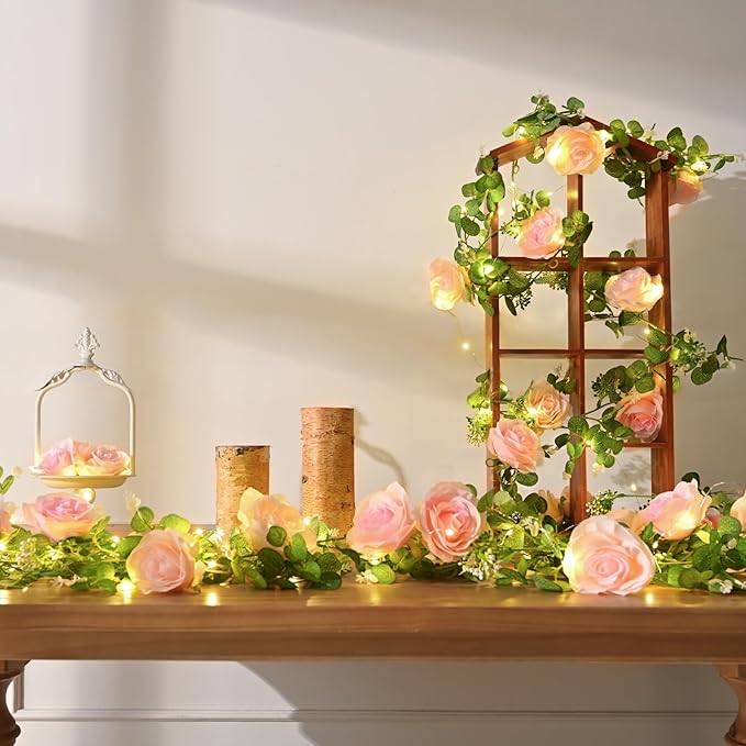 Dolicer 2Pcs 13Ft Artificial Eucalyptus Garlands with Flowers - 8 Roses, Faux Floral Greenery Garlands with 13Ft String Lights Fake Flower Vines for Wedding Table Centerpieces Arch Party Decor (Pink)