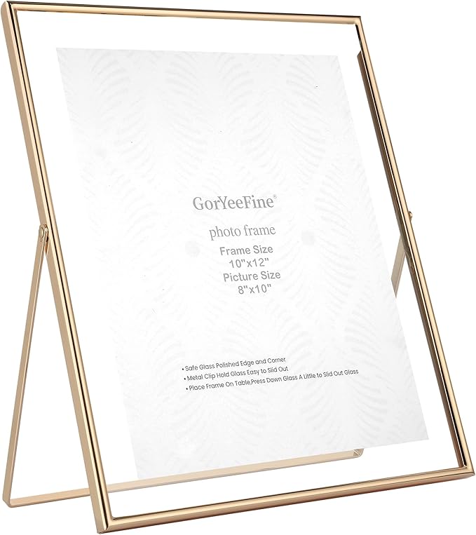 Gold 10x12" Floating Frame for Picture(5x7'',7x9'',8x10''),Adjustable Tabletop/Shelf floating picture frame 8x10'',Classy Gift Choice for Wedding,Thanksgiving,Christmas,Home or Office Decor