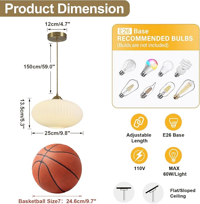 Mid Century Modern Gold Globe Pendant Light Antique Brass Pendant Lights Kitchen Island Large Milk Glass Pendant Light Ribbed Glass Ceiling Hanging Light for Living Room Dining Room