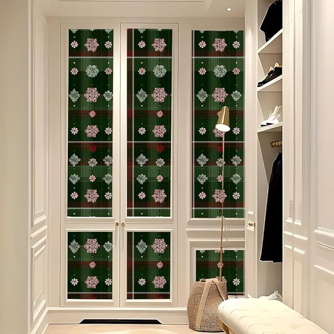 Christmas Plaid Removable Peel and Stick Wall Stickers 39.37x15.75 Inch Red White Snowflakes Green Tartan Modern for Bedroom Living Room Holiday Spaces Decor