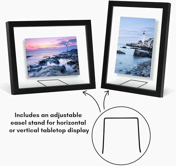 Americanflat 8x10 Floating Picture Frame with Polished Crystal-Clear Glass - Use as 5x7 Picture Frame or Display 4x6 Photo - Signature Float Collection - Photo Frames for Tabletop or Wall - Black