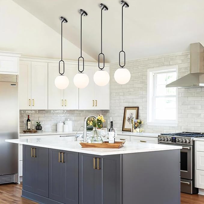 Modern Black Globe Pendant Light Milky White Globe Glass Shade 2 Pack Adjustable Rods Hanging Ceiling Light Fixtures for Kitchen Island Living Room