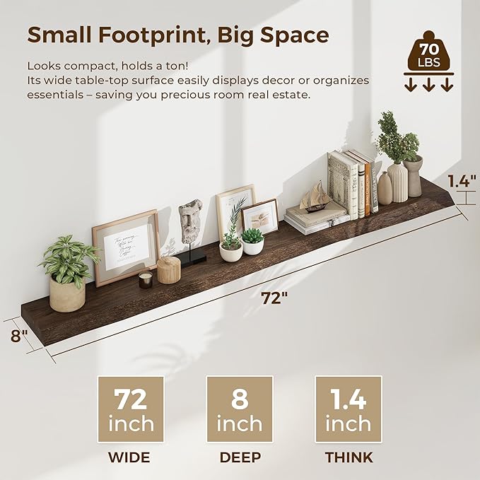 Dreamland 72 inch Floating Shelves for Wall Solid Elm Wood Live Edge Wall Mounted Shelves|Rustic Long Floating Shelves with Invisible Bracket for Bathroom Living Room Kitchen|Walnut, 1 Pack