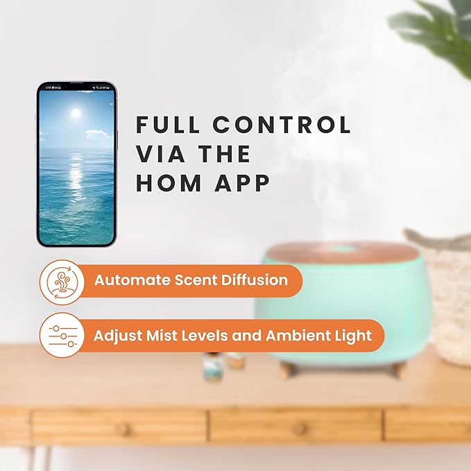 HOM Smart Aromatherapy Diffuser Set with 6 Essential Oils (10ml Each) - 400 ml Ultrasonic Essential Oil Diffuser with 7 Interchangeable LED Colors - Set Schedule and Customize Mood via Phone App
