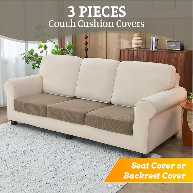 Sectional Couch Covers for Sofa Cushion L Shaped Couch Cover Washable Soft Couch Cushion Covers Stretch Sofa Slipcovers(3-Piece for Sofa Seat or Backrest, Khaki)