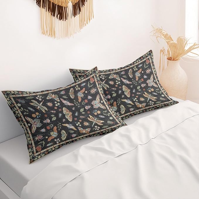 Boho Pillow Protectors with Zipper Standard Size Moody Floral Butterfly Pillow Covers Set of 2 Vintage Black Queen Size Pillowcases Rustic Botanical Insect Farmhouse Bedding Decor 30"x20"