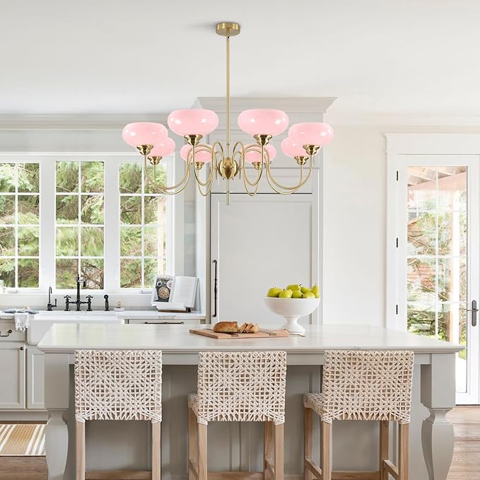 BOKT Gold Mid Century Chandelier Over Table 8-Light Pink Flush Mount Ceiling Light Fixture Kitchen Adjustable Height Ceiling Hanging Light Pink Globe Glass Chandelier for Dining Room Bedroom