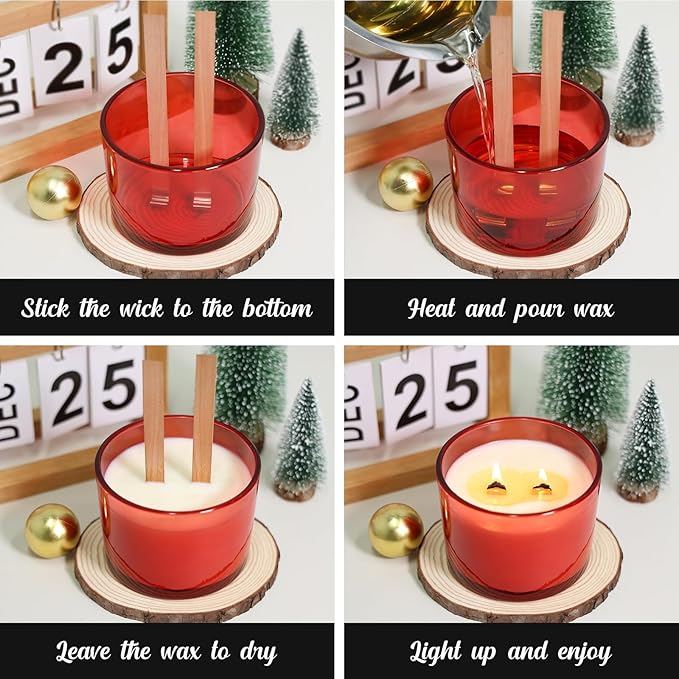16oz Candle Jars 6 Pack, 3 Wick Christmas Red Glass Candle Jars with Bamboo Lids for Candle Making, Large Wide Mouth Empty Candle Container Bulk for 12/13/14/15oz Candles, Labels Included