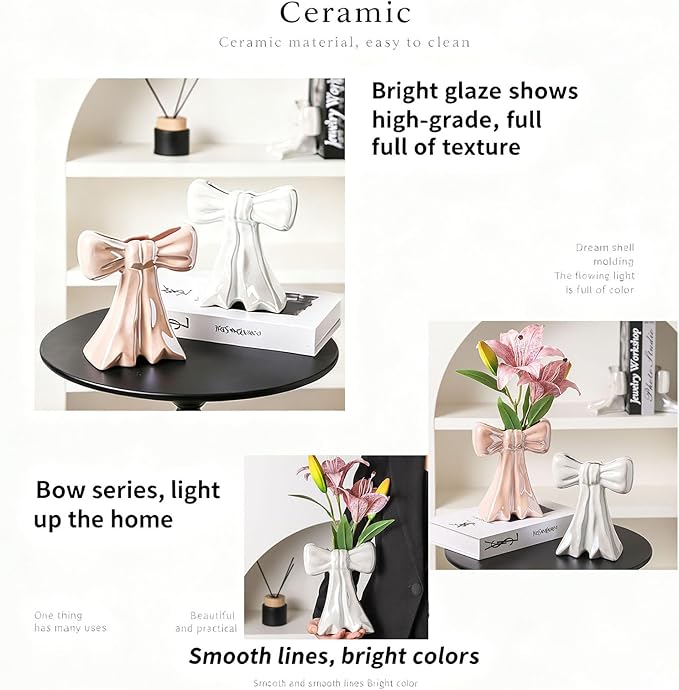 Bow Vase Pink Vase Ceramic Cute Decorative Flower Tulip Farmhouse Dazzling Modern Home Decor Pampas Grass for Table Bathroom Shelf