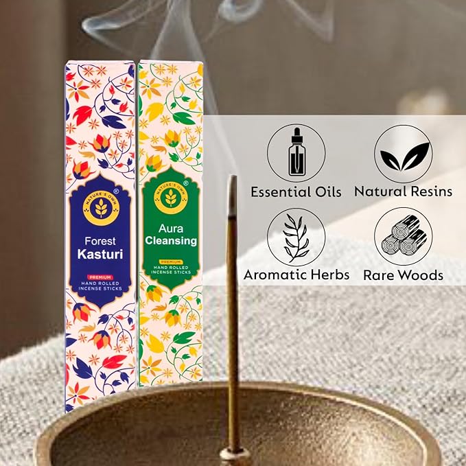 Incense Sticks Gift Pack – 6 Fragrances x 20 Sticks Each, Hand Rolled Insents with Incense Holder – Bharath Darshan Forest Kasturi Cute Cuddle Bloom Rose Aura Cleansing Myrrh