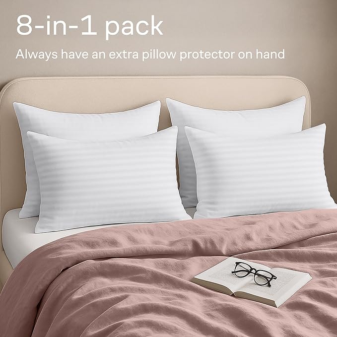 Set of 8 Pillow Protectors with Zipper Standard Size - 100% Resistant to Stains, Dust & Dirt - Washable Covers for Increased Pillow Lifespan
