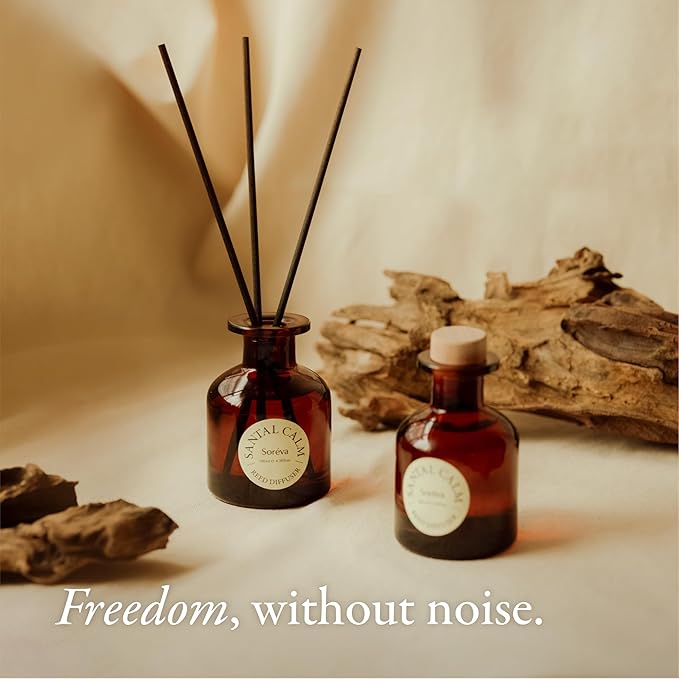 Soréva Plant-Based Reed Diffuser Set, Calm Sandalwood and Warm Cedar, Relaxing Aromatherapy for Mindfulness, Long Lasting, Alcohol Free, Set, 7 Sticks, 4.39 fl oz