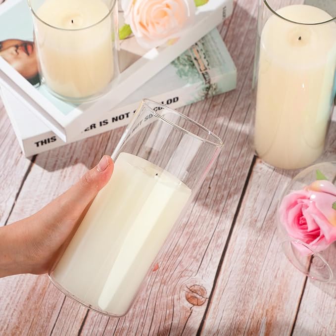 Shihanee Set of 6 Pillar Candles with Glass Cylinder Vases Clear Cylinder Hurricane Candleholders for Slim Tall Pillar Candles Wedding Thanksgiving Day Centerpieces(3'' X 5.9", 7.9", 9.8",Ivory)