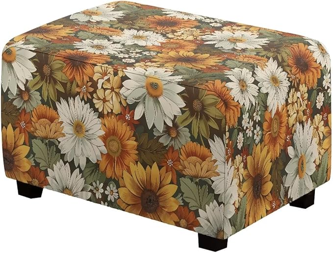 Sunflower Fall Ottoman Cover - Ultra Stretchy Machine Washable Slipcover for Rectangular Footstools, Cozy Thanksgiving Home Decor, 33x30x15 Inch for Friends