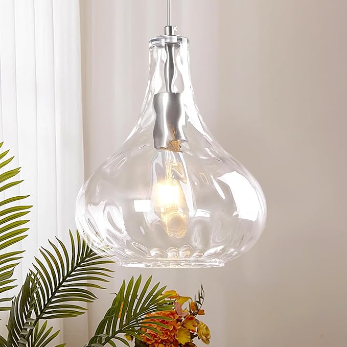 Modern Glass Pendant Light 9.44 in Clear Hammered Glass Shade Brushed Nickel Farmhouse Island Pendant Lights for Kitchen Pendant Lighting Over Sink Bedroom Dining Room