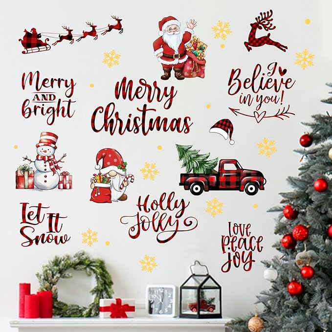 Mfault Merry Christmas Santa Claus Wall Decals Stickers, Xmas Gnome Truck Snowman Reindeer Let It Snow Decorations Bedroom Art, Winter Holiday Gold Snowflake Holly Jolly Home Living Room Kitchen Decor