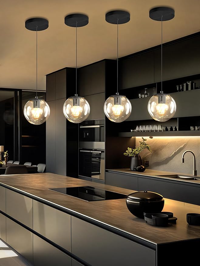 Globe Pendant Light Black Pendant Light Fixtures with Clear Glass 1-Light Hanging Lights for Kitchen Dining Room Bathroom Bedroom Hallway