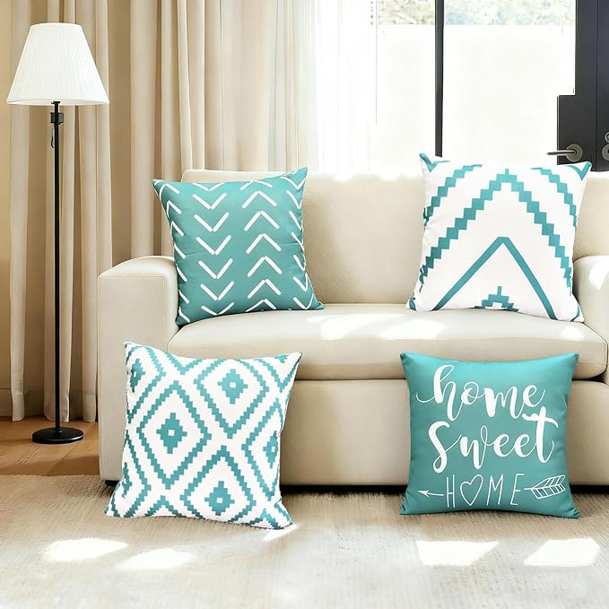 Decorative Throw Pillow Covers 20x20 inch Set of 4 Aqua Blue Pillow Covers for Couch Sofa Bed Living Room,Farmhouse Outdoor Throw Pillow Cover,Modern Geometric Linen Square Throw Pillow Case